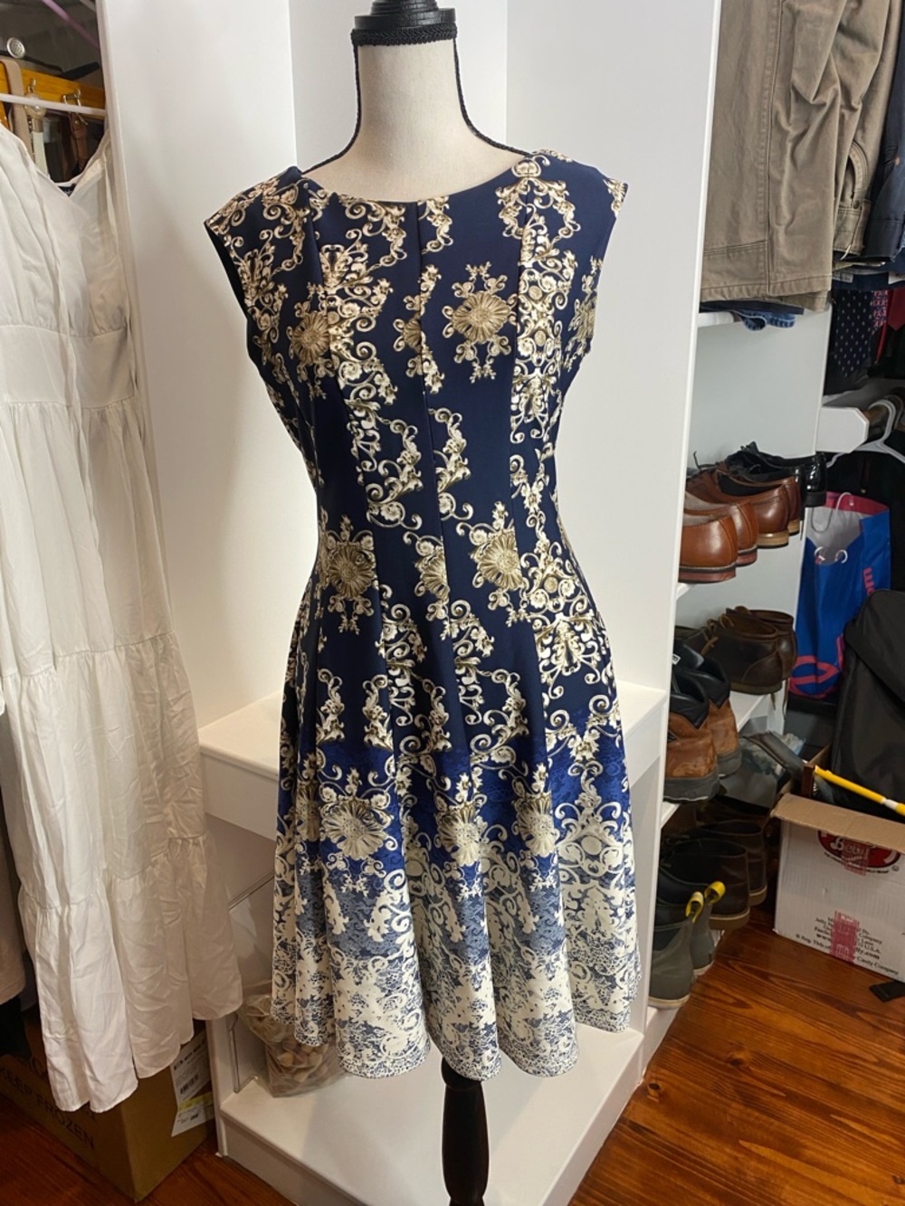 Navy and Gold Floral Midi Fit-and-Flare Dress